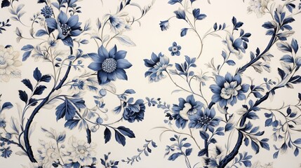  a blue and white floral wallpaper with blue and white flowers.  generative ai