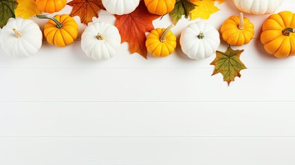 Autumnal Display Featuring Pumpkins with Colorful Fall Leaves on a Clean White Background
