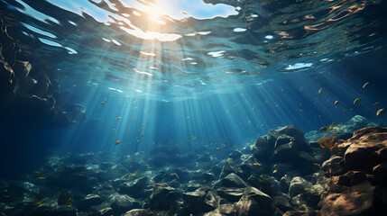 Underwater view, sun rays in background. - obrazy, fototapety, plakaty