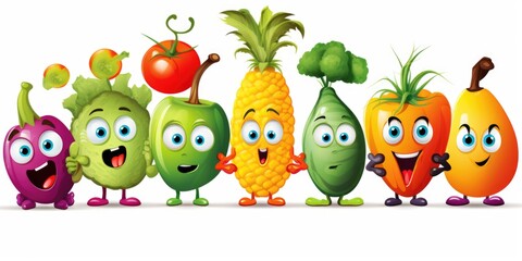 A group of cartoon fruits and vegetables with faces