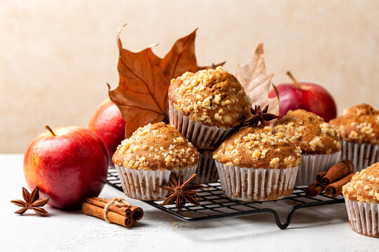 Apple cinnamon streusel muffins. Autumn pastry background. Homemade bakery.