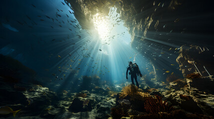 Undersea view of diver back view, group of fish, sun ray.