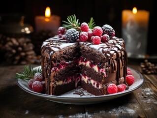 Fototapeta na wymiar A chocolate cake with raspberries and chocolate icing.