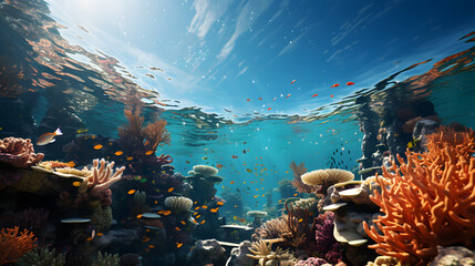 Underwater view of coral reef with colorful fishes.