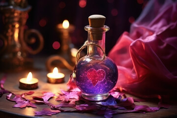 Bottle with love potion. pink magic heart elixir. Design elements for Valentines day. love vial Aphrodisiac flask
