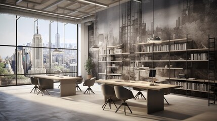 A contemporary office with a modern twist, thanks to a 3D wallpaper that showcases an urban...