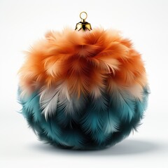 An orange and teal colored pom pom on a white background - obrazy, fototapety, plakaty