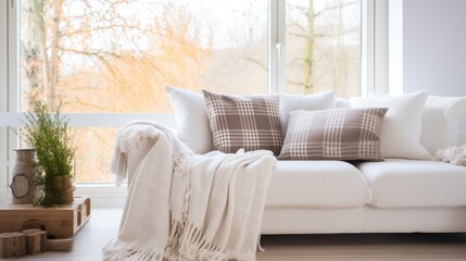 A cozy white sofa with pillows, next to a bright window. Scandinavian modern living room interior design. Generative AI - obrazy, fototapety, plakaty