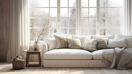 A cozy white sofa with pillows, next to a bright window. Scandinavian modern living room interior design. Generative AI