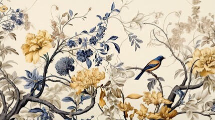  a bird sitting on a branch of a tree with flowers.  generative ai