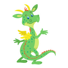 Funny little fairytale dragon stands with its back. In cartoon style. Isolated on white background. Vector flat illustration. Chinese New Year symbol