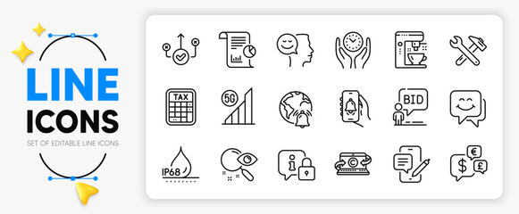 Money currency, Copywriting notebook and Smile face line icons set for app include Report, Internet notification, Correct way outline thin icon. 5g wifi, Spanner tool, Lock pictogram icon. Vector