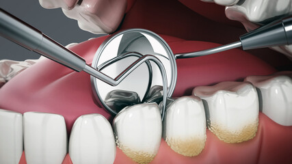 3D illustration showing dentist tools and dental plaque on model. 3D illustration