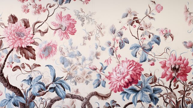  a floral wallpaper with pink and blue flowers on a white background.  generative ai