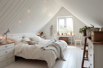 Scandinavian bedroom with natural accents, white color and decorative paint. Generative AI