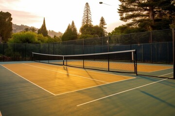 Court with net for playing pickleball. Generative AI - obrazy, fototapety, plakaty