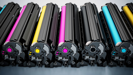 Stack of laser printer CMYK toners. 3D illustration