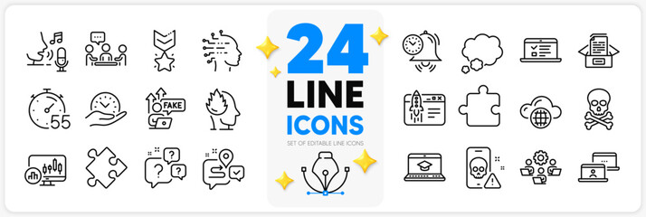 Icons set of Teamwork, Strategy and Talk bubble line icons pack for app with Journey, Artificial intelligence, Time management thin outline icon. Stress, Cloud computing. Design with 3d stars. Vector