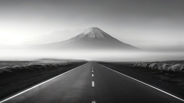  a black and white photo of a road leading to a mountain.  generative ai