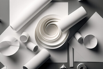 Paper Rolls in an Abstract Design Mockup on White. Concept for minimal design. Generative AI