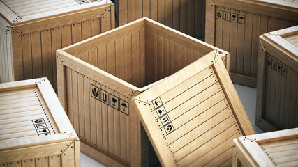 Group of transport crates with one open crate at the center. 3D illustration