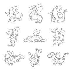 Happy funny dragon. Coloring Page. Cute character. Fairytale monsters. Hand drawn style. Vector drawing. Collection of design elements.