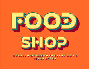 Vector bright Signboard Food Shop. Creative 3D Font. Artistic Alphabet Letters, Numbers and Symbols set