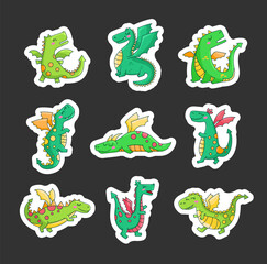 Happy funny green dragon. Sticker Bookmark. Cute character. Fairytale monsters. Hand drawn style. Vector drawing. Collection of design elements.