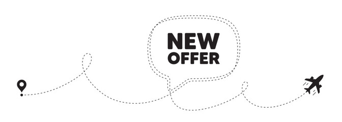 New offer tag. Plane travel path line banner. Special price sign. Advertising Discounts symbol. New offer speech bubble message. Plane location route. Dashed line. Vector
