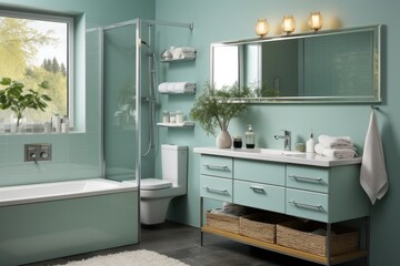 Fototapeta na wymiar A bath room with a sink a mirror and a bath tub