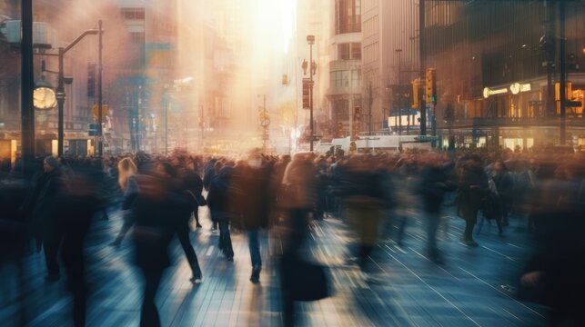 Pedestrian blur, crowd of people walking in city, panoramic view of people crossing the street. AI