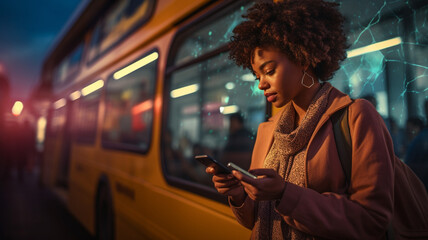 Fototapeta na wymiar young african american woman using smartphone at train station.
