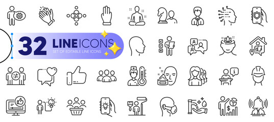 Outline set of Group, Heart and Yoga line icons for web with Support chat, Electric app, Security app thin icon. Head, Three fingers, Podium pictogram icon. Discrimination, Like, Buyers. Vector