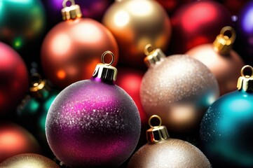 Christmas and New Year background, ornament of bright multi-colored glass decorative Christmas balls and baubles, shining lights and sparkles, close up macro