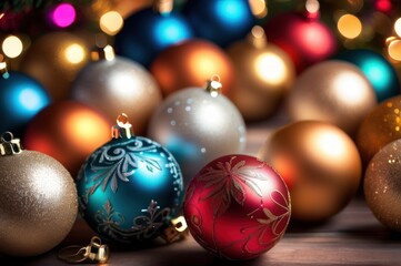 Fototapeta premium Christmas and New Year background, ornament of bright multi-colored glass decorative Christmas balls and baubles, shining lights and sparkles, close up macro