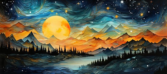 Starry night with colors painted on the sky and mountains and water. 