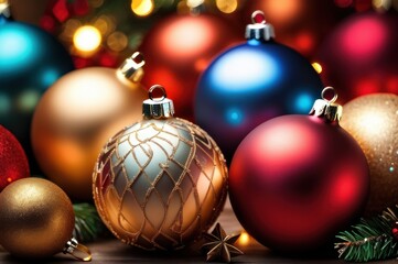 Obraz premium Christmas and New Year background, ornament of bright multi-colored glass decorative Christmas balls and baubles, shining lights and sparkles, close up macro