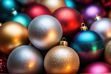 Fototapeta premium Christmas and New Year background, ornament of bright multi-colored glass decorative Christmas balls and baubles, shining lights and sparkles, close up macro