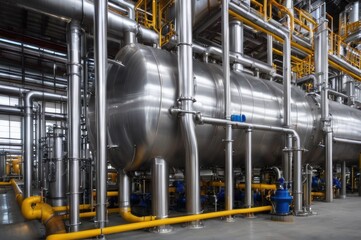 Equipment and piping inside of modern industrial petrochemical power plant for gas or oil industry. Oil refinery plant from industry, pipe line steel close up
