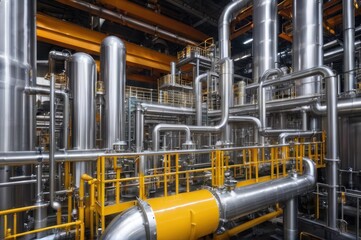 Equipment and piping inside of modern industrial petrochemical power plant for gas or oil industry. Oil refinery plant from industry, pipe line steel close up