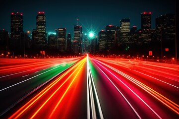 Fototapeta premium Street traffic in city at night. Office skyscraper buildings and busy traffic on highway road with blurred cars light trails. Multi-lane highway with lights trails and large night city downtown