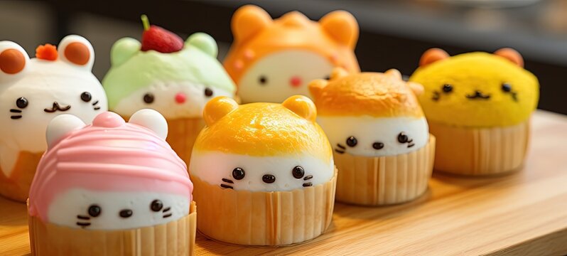 close up cute cupcake decorated with cream and chocolate, smile kawaii animal face, on cupcake, Generative Ai