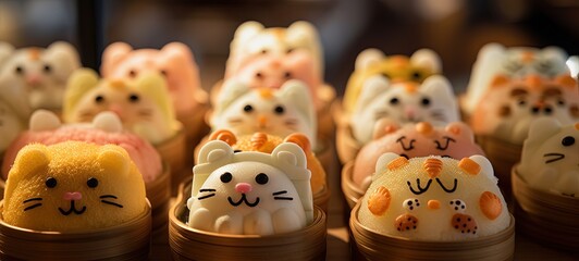 close up cute cupcake decorated with cream and chocolate, smile kawaii animal face, on cupcake,...