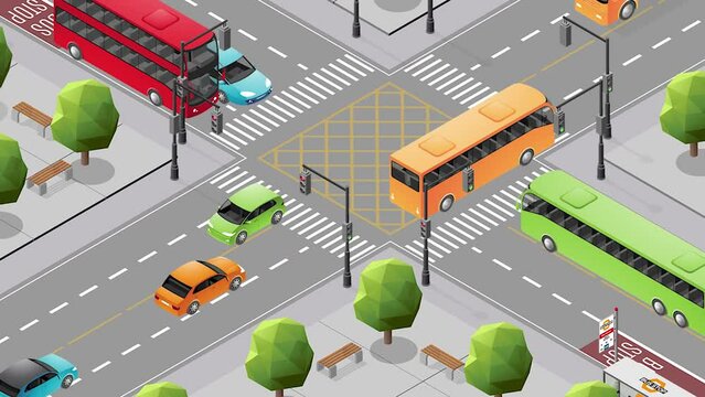Isometric View of Moving Traffic in a City with Cars, Traffic Lights and Buses