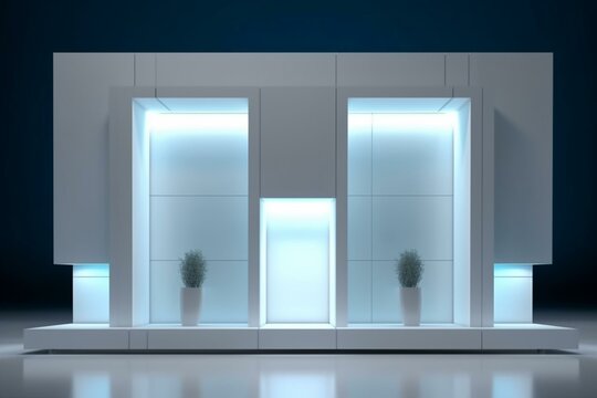 Modern display booth with white front, presented in a 3D render. Generative AI
