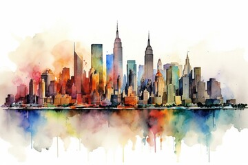 Colorful NYC skyline in watercolor. Manhattan urban artwork. Generative AI