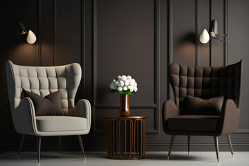 a dim space with accents. A sofa in chocolate brown and armchairs in ivory beige. Modern interior design mockup that is trendy. Background of empty gray and black wall. wood flooring a lobby or