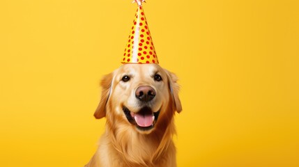 Happy golden retriever dog celebrating birthday wearing party hat, isolated on yellow background