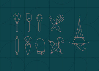 Kitchen utensils in art deco style to prepare bakery products whisk, spatula, measuring spoon, rolling pin, pastry bag, potholder, dish drawing on dark turquoise background