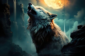 A wolf is standing in front of a full moon